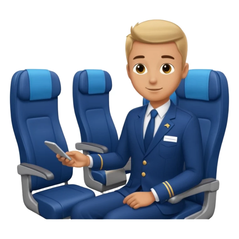 A  male courteous flight attendant checking seat rows with a polite, attentive posture. sticker