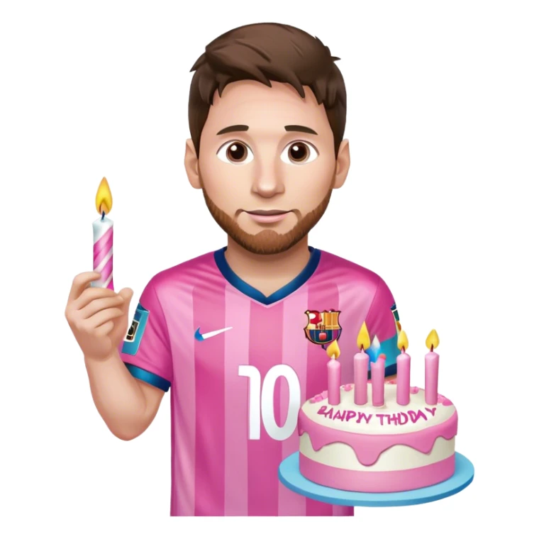 Lionel Messi wearing his jersey holding a pink pretty birthday cake sticker