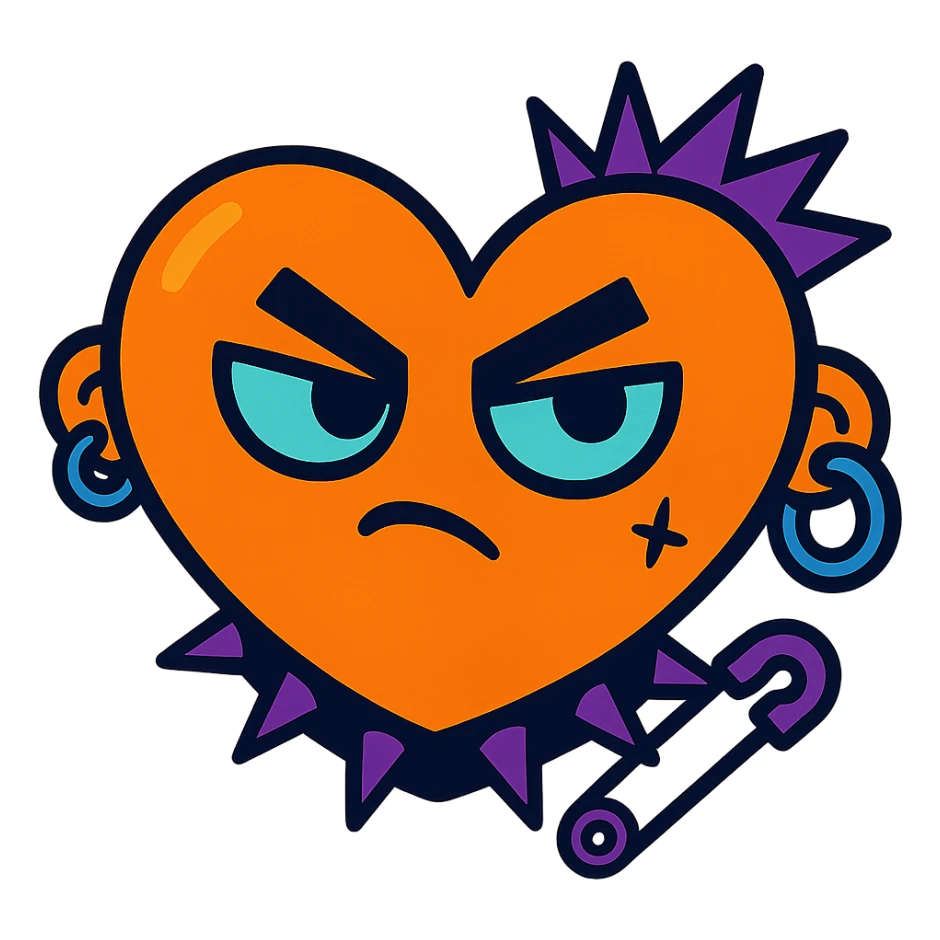 an orange heart with goth accessories, vibrant toon style, bold and colorful sticker