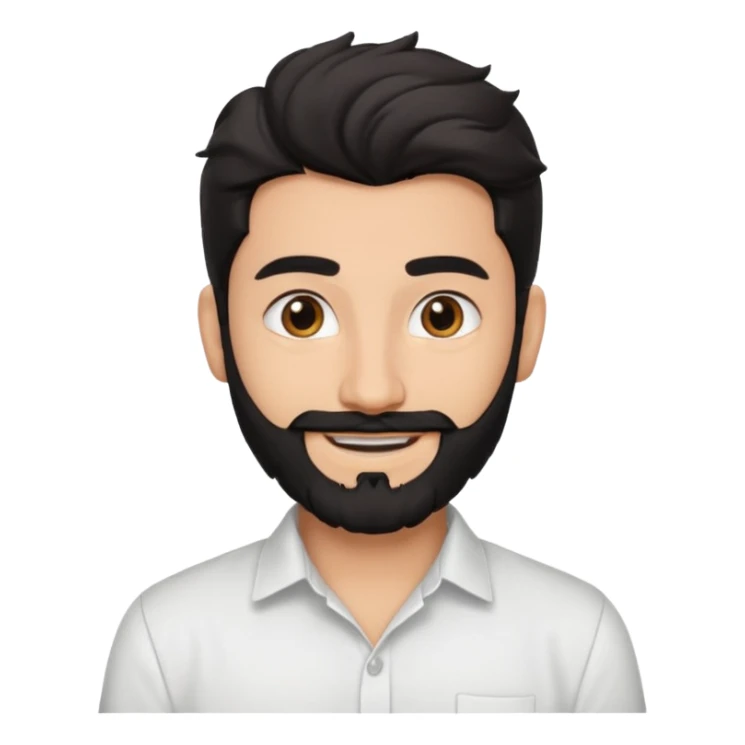 young fair skin pakistani guy smiling with black beard, wavy hair pushed back and brown eyes and thick eyebrows sticker