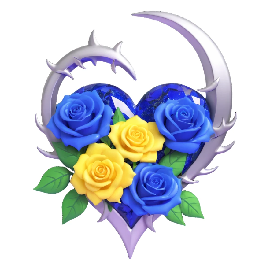 gothic heart made of sapphire blue glass, silver crescent moon, navy roses, holographic stardust, neon white lightning, drenched and splintered glass sticker