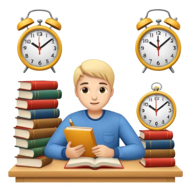 emoji student studying hard with books and clock, motivated, white background sticker