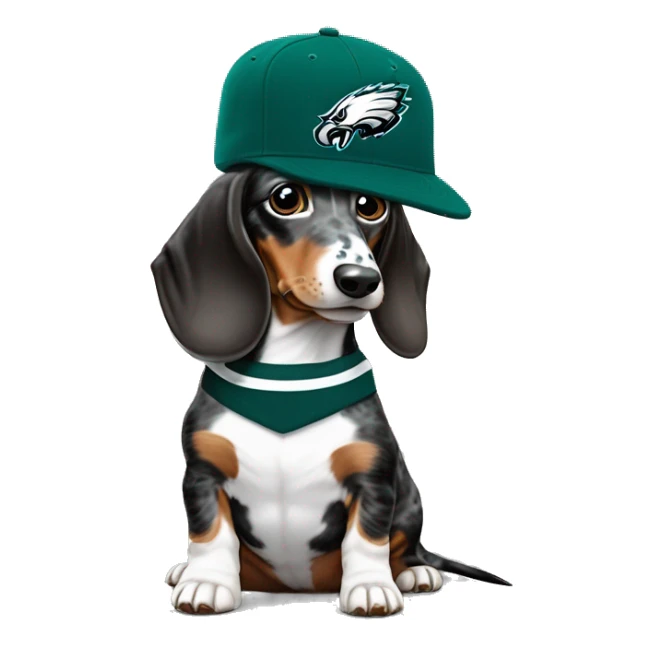 Miniature Blue Merle Medium Light Tri Brown Spotted Dachshund wearing Philadelphia Eagles Hat with C on Jersey sticker