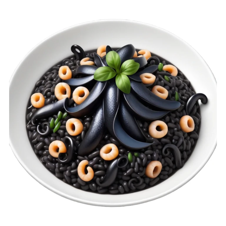 cinematic-realistic-black-risotto-dish-emoji,-showcasing-small black squid pieces-rendered-with-bold-textures-and-dynamic,-dramatic-lighting. sticker