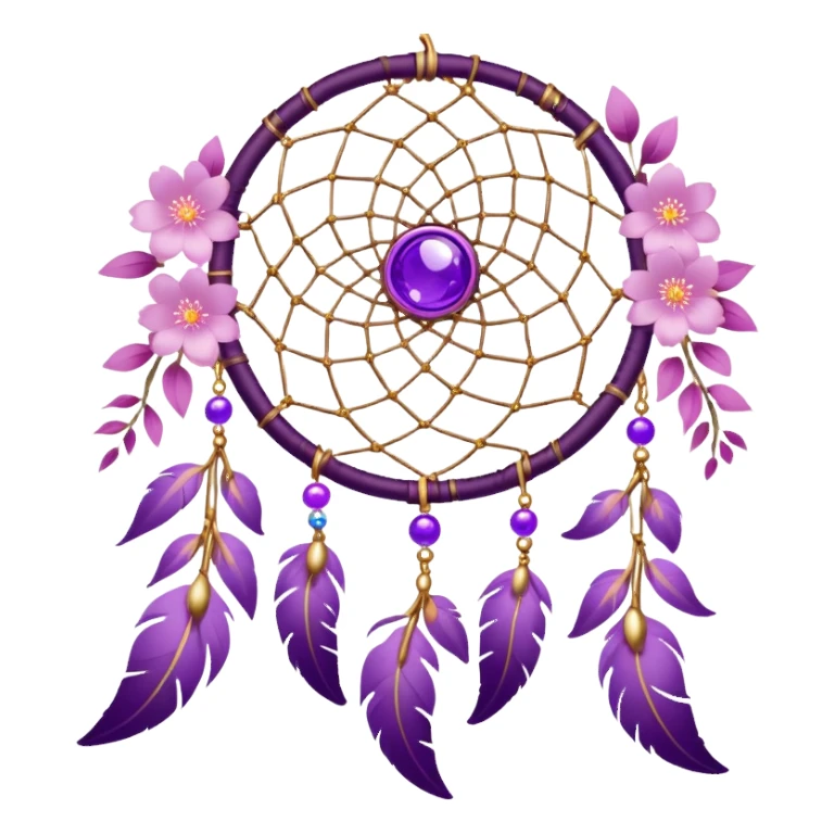 A white-framed Dreamcatcher. with purple-round-orbs, gold-rings hanging down. purple flowers, pink sakura flowers, sticker
