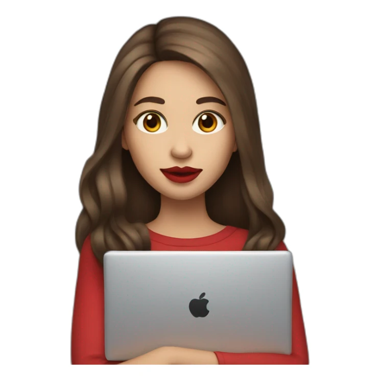 A girl with long brown hair holds a laptop Red lips sticker