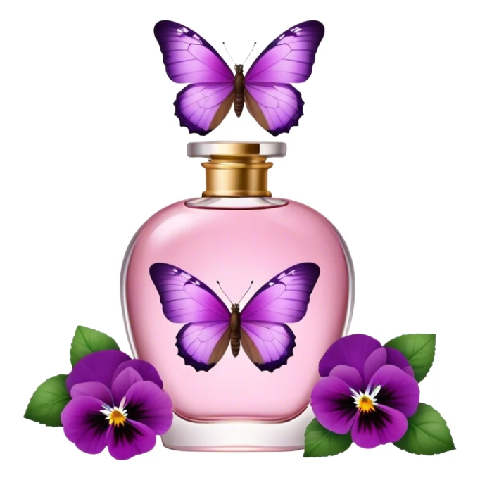A butterfly with striking Tyrian Purple and Jasper Red wings delicately lands on a Rosewater Pink perfume bottle. Misty Rose pansies bloom softly around, creating a dreamy, romantic scene." sticker