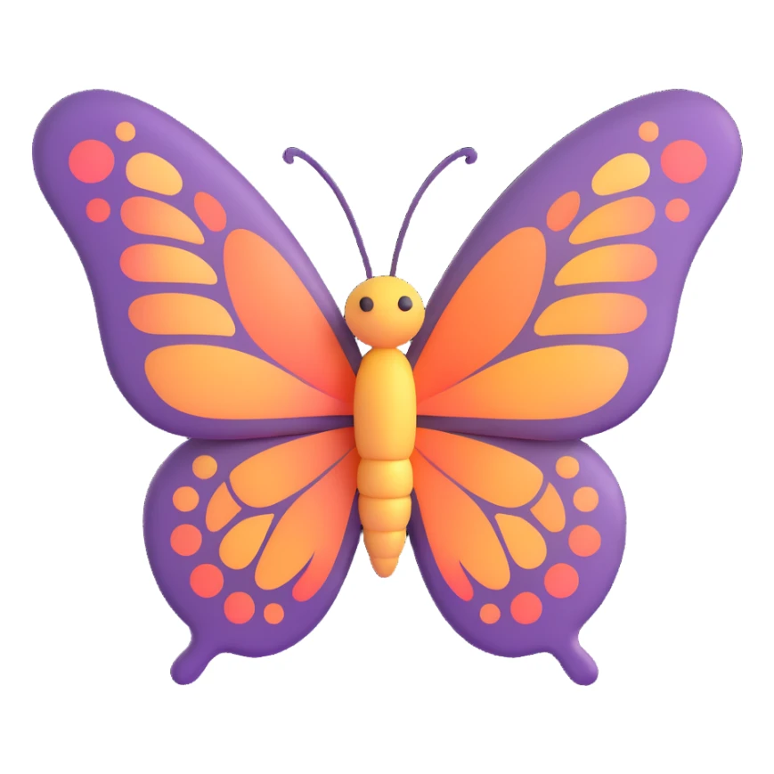 a butterfly in 3D emoji style, soft shading, cute and rounded sticker