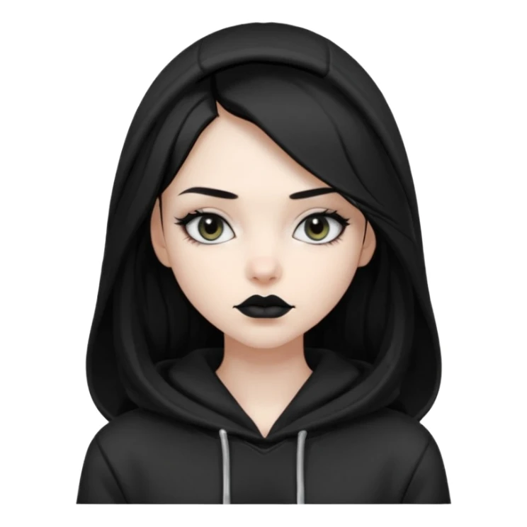 Black haired girl, silver eyes, black lipstick, white skin, black hoodie, sharp face, long hair, hoodie off sticker