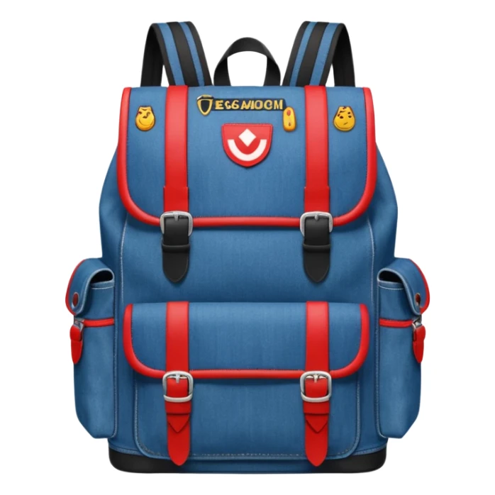 a blue denim backpack with a flap top, two vertical black buckle straps on the front. The backpack has two side pockets and a soft square shape. at front view bottom pocket, red and white two divided logo 

 sticker