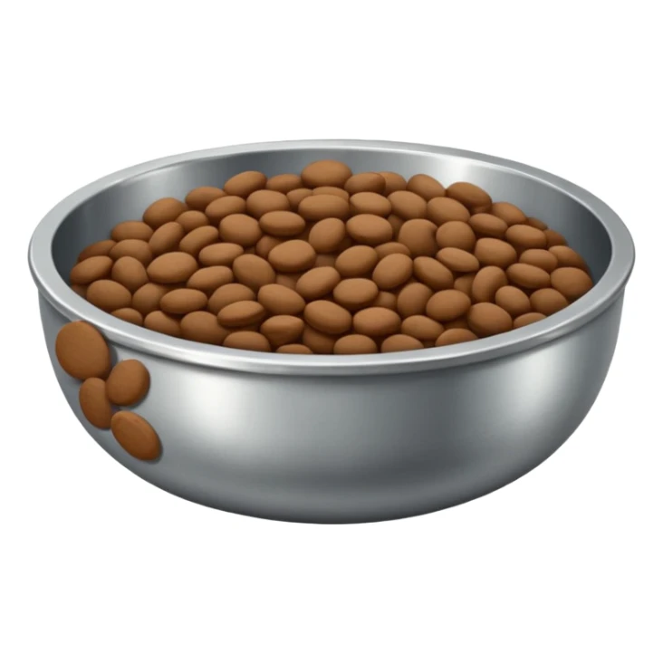 A shallow silver metal bowl with deep brown flat a rounded kibbles sticker