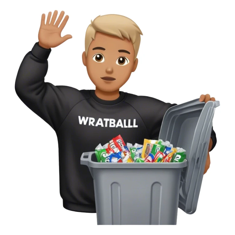 Man with black sweatshirt that says FOR THE HOBBY in white lettering throwing a trash can filled with wrappers from football trading cards sticker