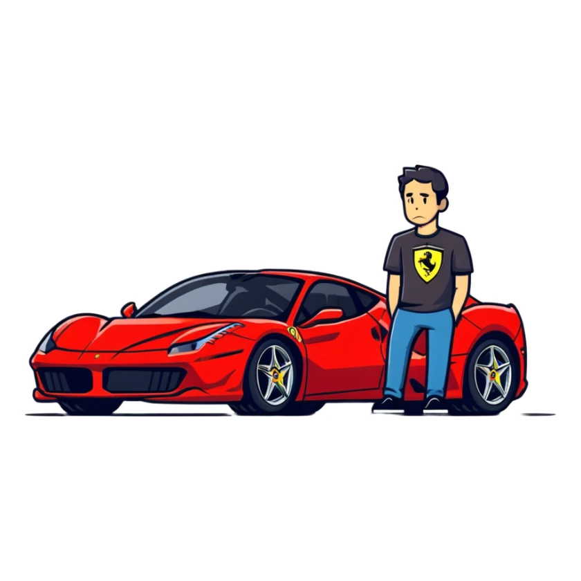 depressed man wearing a Ferrari t-shirt sticker