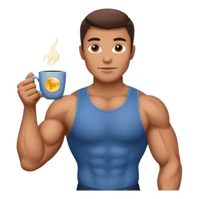 a muscular man holding a cup of coffee with a moon on it sticker