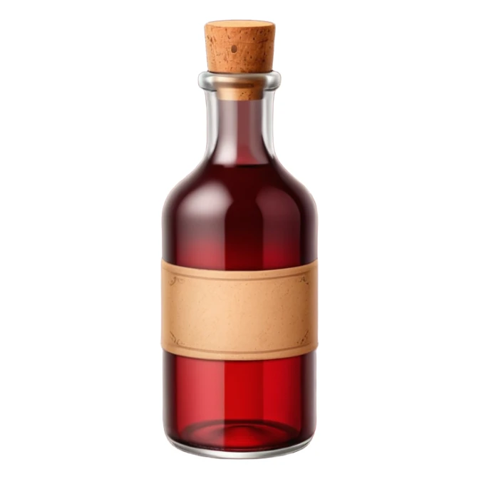 dark glass bottle with deep red hue visible through the glass, capped with cork or simple screw cap, plain or lightly detailed label, classic and slightly robust shape, no glass, pour, or branding, soft lighting, subtle shadows, emoji scale sticker