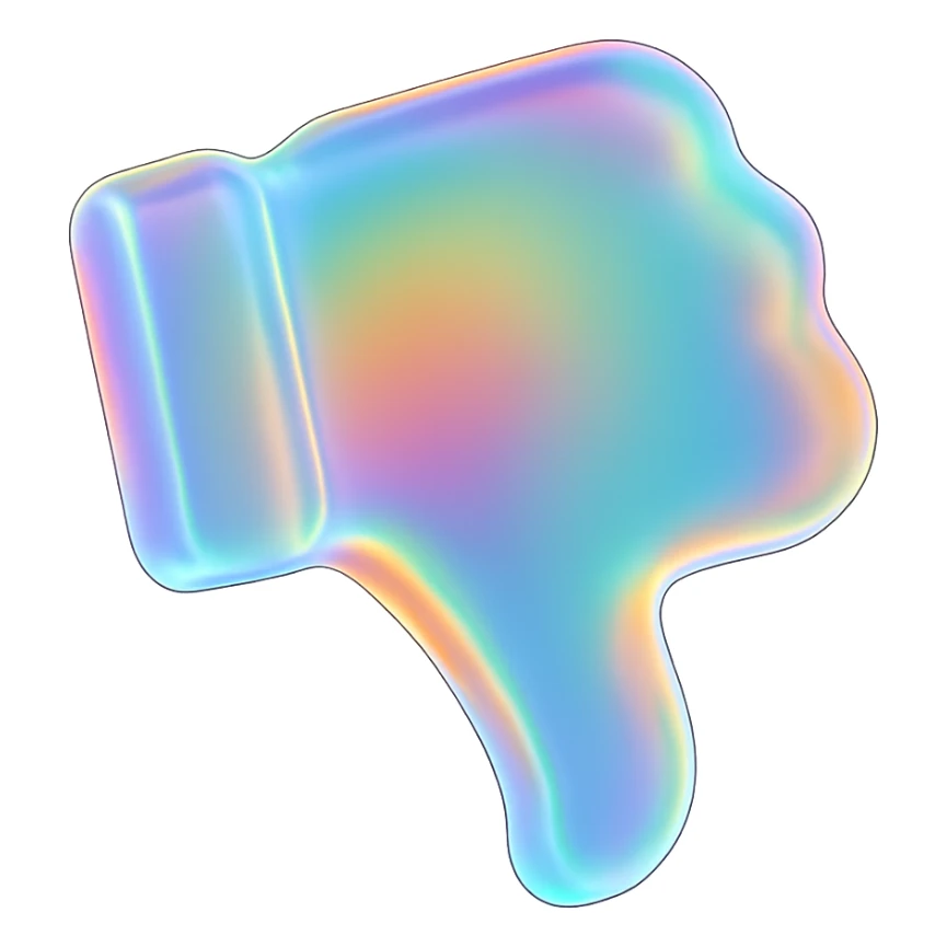 Make the 3D glassy thumbs down transparent and colorful with a rainbow or iridescent effect, keeping the matte glass style and no background. sticker
