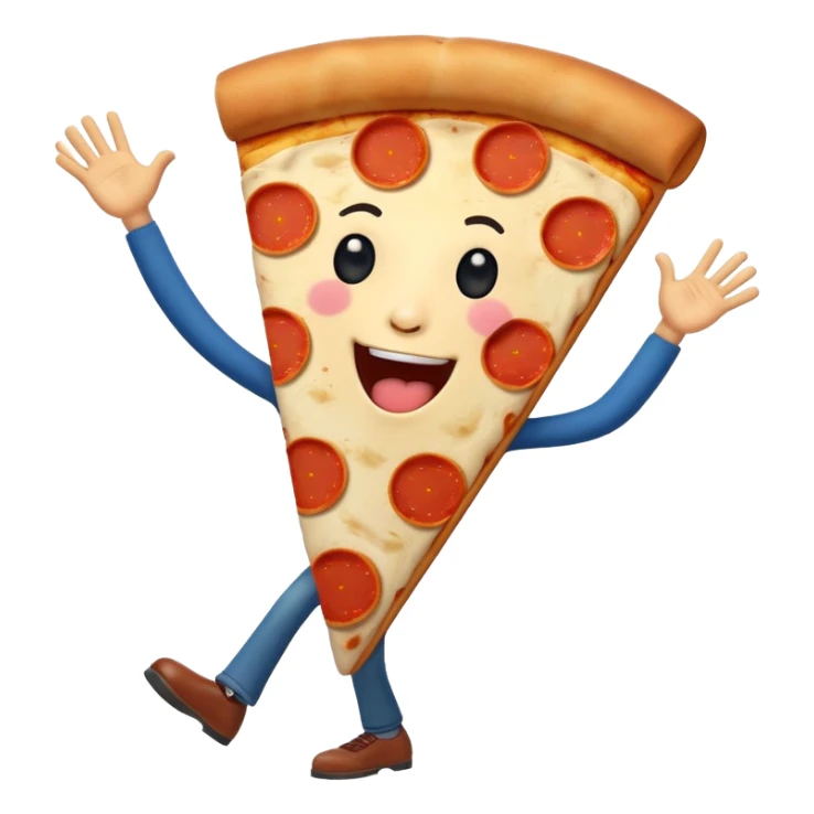silly dancing pizza slice with a face, arms, and legs, singing 'larili larila', Italian flag in the background, fun and energetic sticker