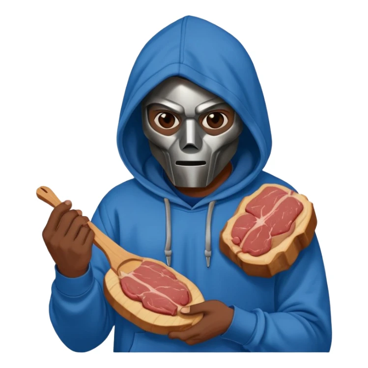 MF DOOM in a blue hoodie holding a piece of meat sticker