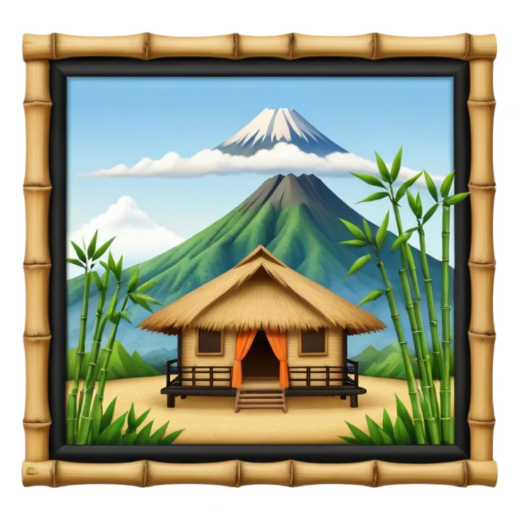 bamboo hut with volcano in the back in Volcano Island  sticker