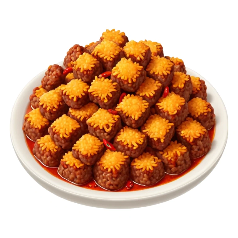 spicy fried minced meat dish object icon, minced meat cooked with chili flakes, red spicy oil, crispy texture, 3D cartoon, mobile game icon style, clean background, no text, no watermark
  sticker