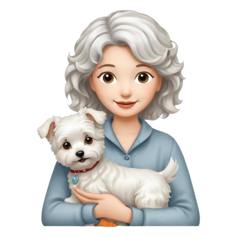 silver, short, wavy-haired with loose curls, smiling pretty lady holding westie dog and lhasa apso dog sticker