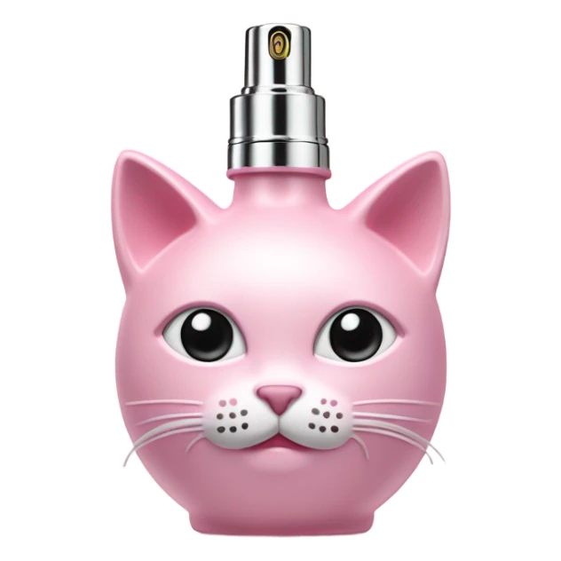 “A cute, pastel pink perfume bottle with an atomizer pump, shaped like a cat’s face with a bow. sticker