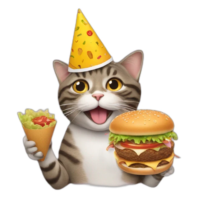 cat eating a hamburger wearing a party hat sticker