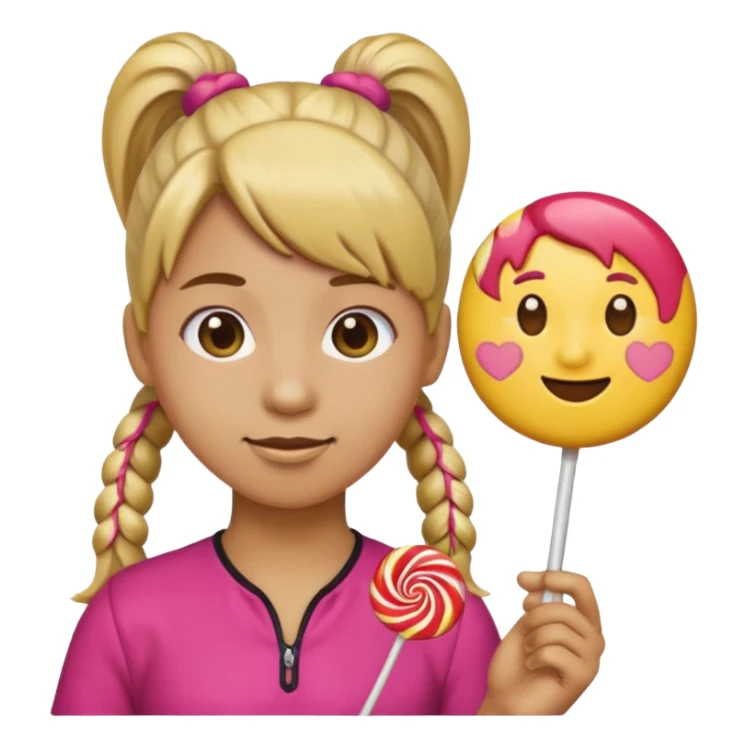 Using this emoji 🥹 make me one with ponytail hair holding a lollipop in each hand using the round emoji not a person sticker
