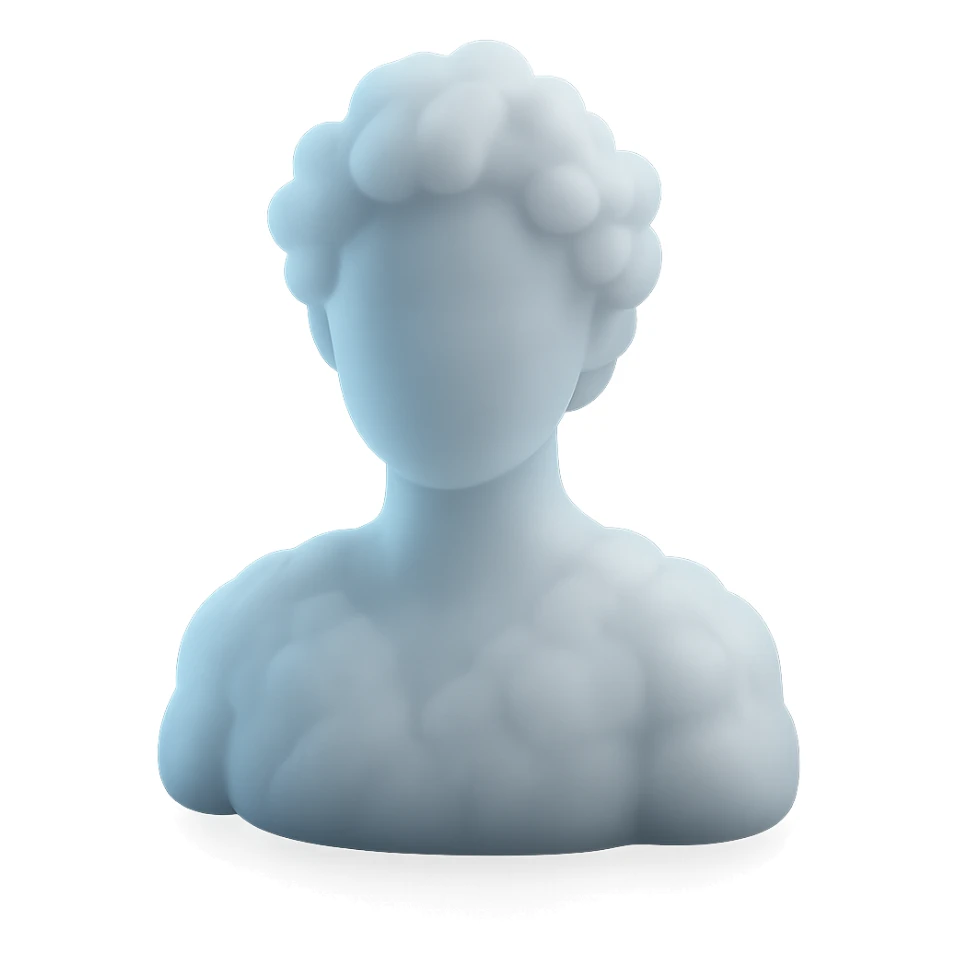 person made entirely of white fluffy clouds, shoulder up, front view, matte glass style sticker