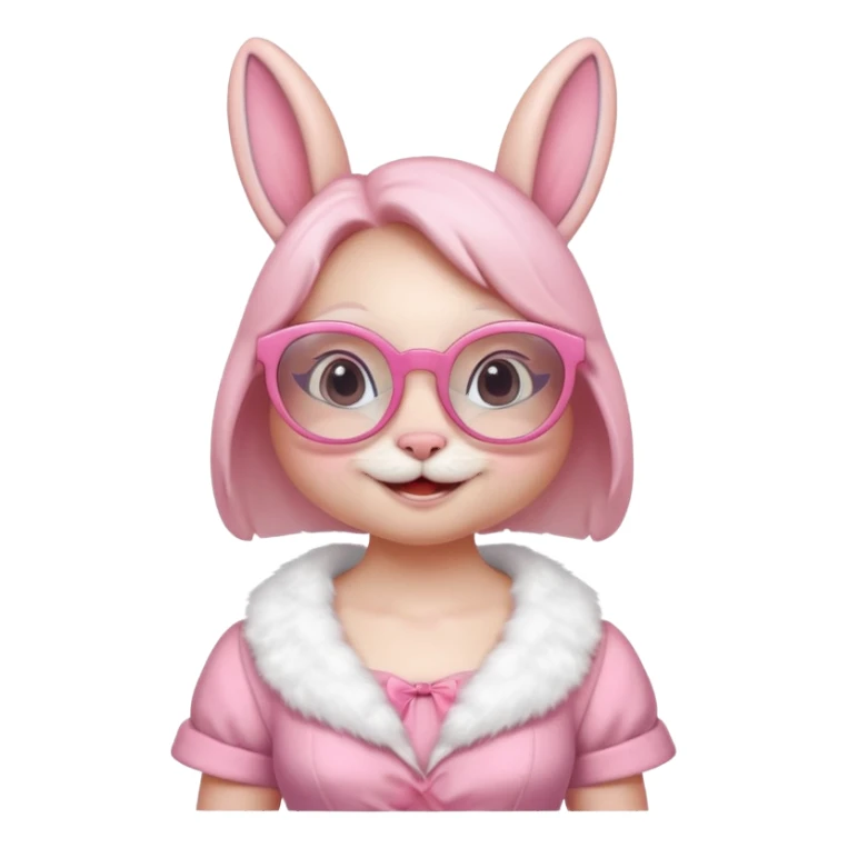 Pink bunny with big circular glasses, smiling, half body with dress sticker