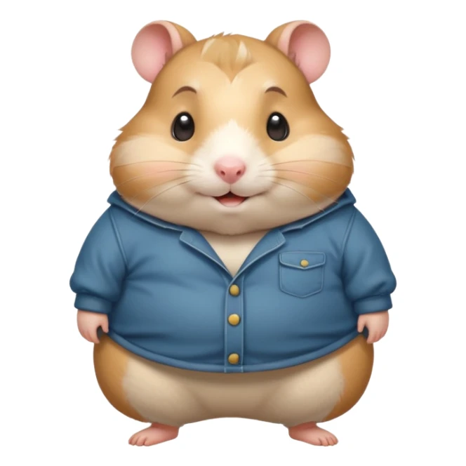 Cute chubby cartoon-style hamster wearing oversized pants that look too big, proud and smiling expression. Painterly shading, white background, sticker-style illustration sticker
