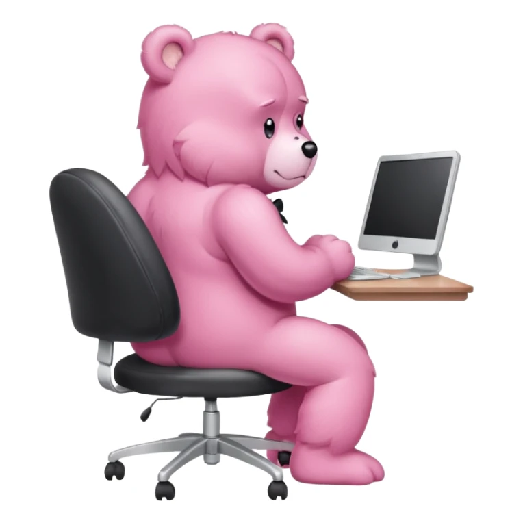 Pink Care bear sad in suit back view, sit on a chair, working on a computer, with a big desk sticker
