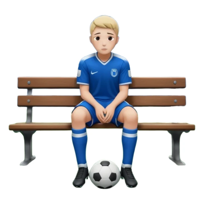 Lonely soccer player sitting on bench at night, head down, empty stadium, cold blue lighting, cinematic, emotional, realistic sticker