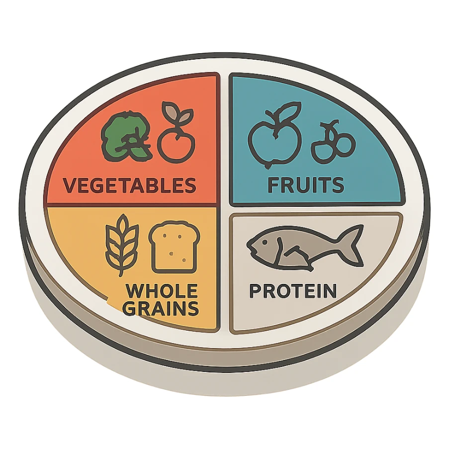 Harvard Healthy Eating Plate divided into 4 sectors labeled in English: 'Vegetables', 'Fruits', 'Whole Grains', 'Protein', colored sectors, modern infographic, transparent background sticker