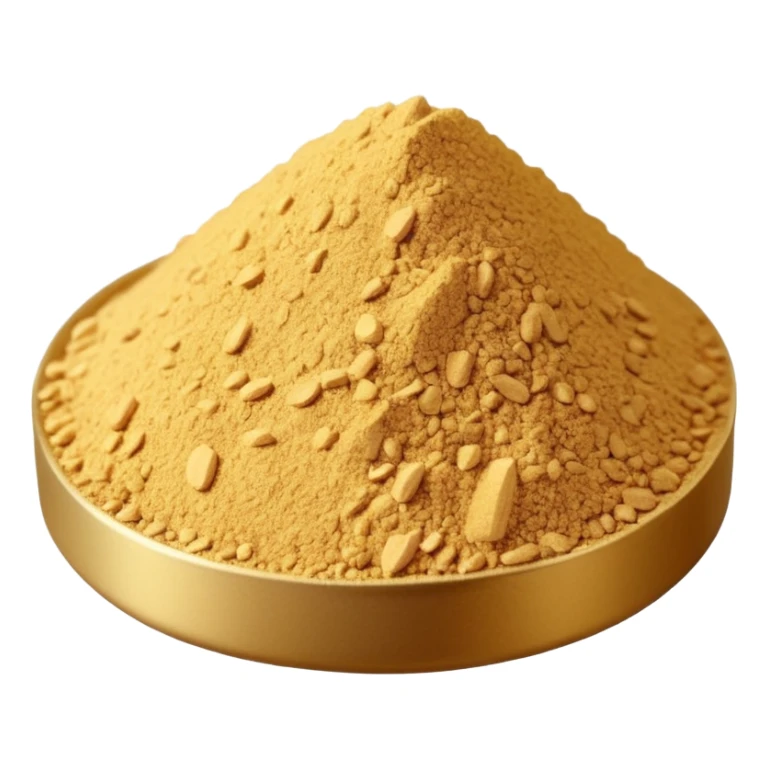 small mound or light scatter of fine golden-beige powder with slightly crystalline texture and dry matte finish, tiny uniform grains, neutral dissolvable ingredient, no spoon or packaging, soft lighting, subtle shadows, emoji scale sticker