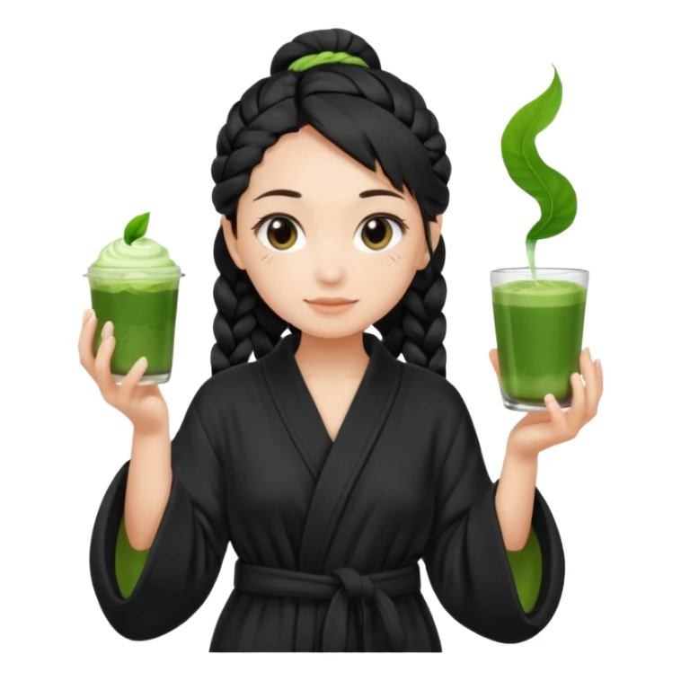 Fair skinned girl, black one braid hair wearing black bathrobe, holding a matcha sticker