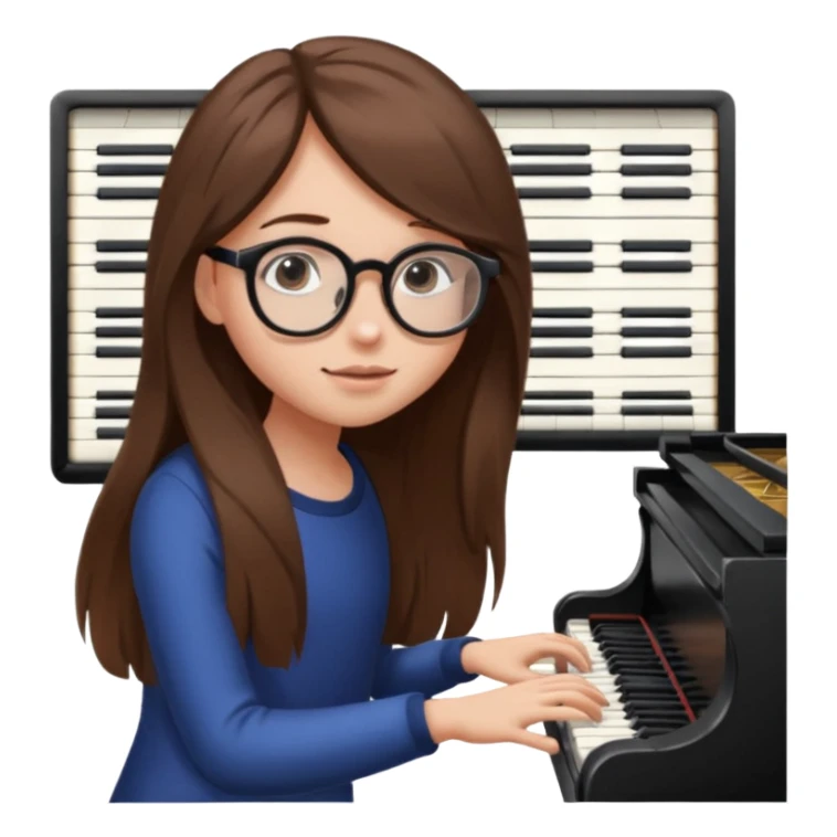 girl long brown hair. round glasses eye. playing piano sticker