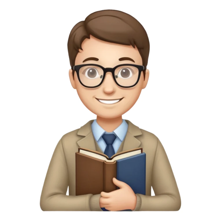 English teacher holding a book, smiling, wearing glasses sticker