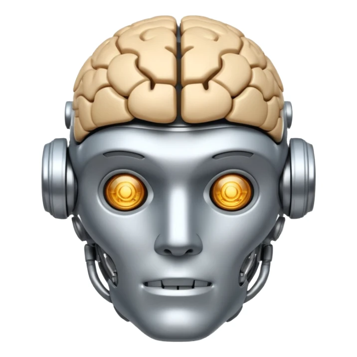 A fit male robot with a huge brain sticker