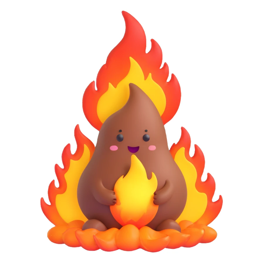 poop character on fire, exaggerated cartoon style sticker