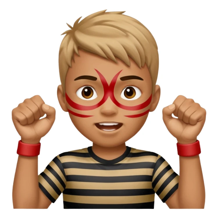 A boy with stripes face paint across his cheeks, raising his fists in excitement. sticker