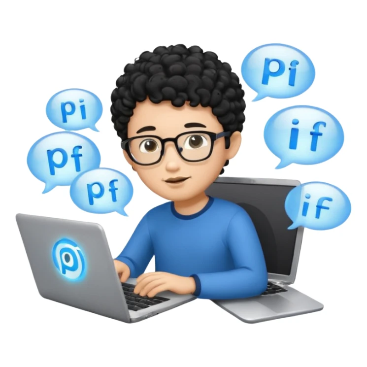 A young boy DEVELOPER WITH A laptop, black curly short hair, wearing glasses, a thin goatee, his skin is asian

Add the word "PIF" floating around him sticker