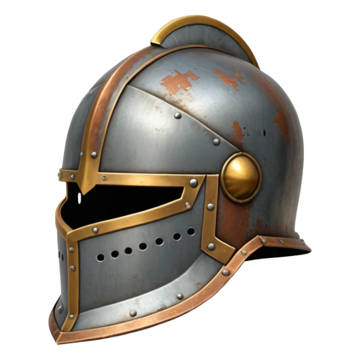 antique medieval knight helmet with light rust patches and weathered metal sticker