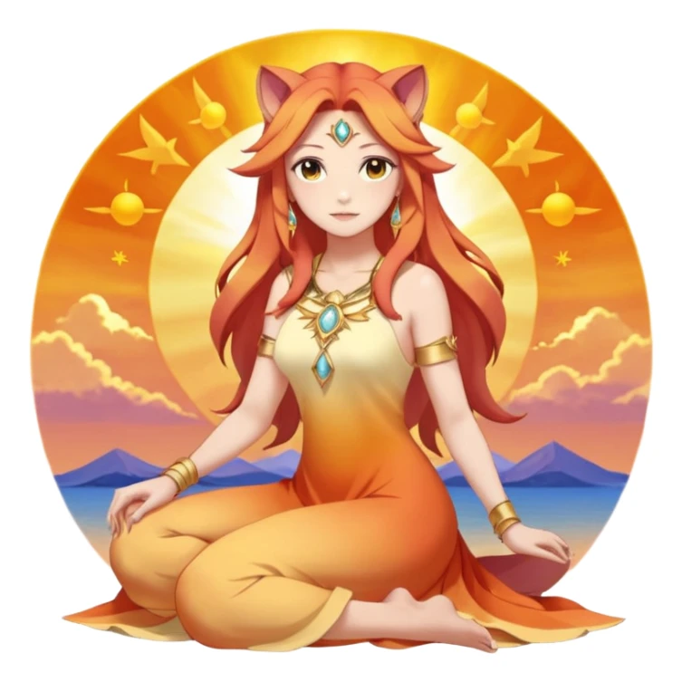 Sun-kissed Sunset-Gradient Celestial Flaring Warm Hot Feminine Beautiful Elegant Pretty Sun-Pyroar-Solgaleo-Suicune-Meloetta-Goddess-Lioness-Fakémon-Digimon-hybrid-fusion with closed relaxed eyes and symmetry and sitting on a cloud pastel divine dress beauty   sticker