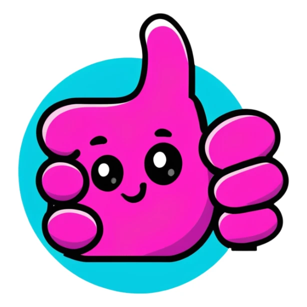 Minimalist sticker with white 'tt' letters on a black circle with cyan, magenta, and yellow dots below, thumbs up gesture with street style influence sticker