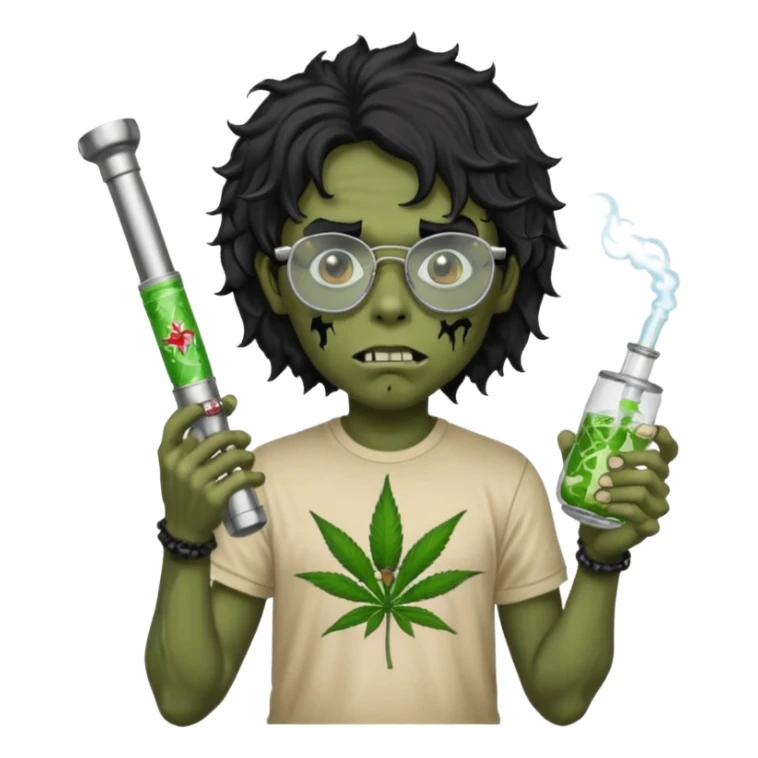 black wavy haired zombie getting stoned with weed t shirt and bong on his hand and wearing chrome hearts glasses sticker