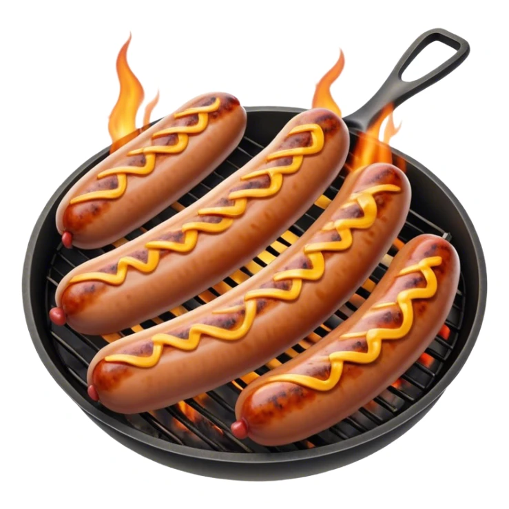 Cinematic Realistic Sausage Sizzle Dish Emoji, featuring sizzling sausages cooking over an open flame rendered with dynamic textures and warm, smoky lighting. sticker