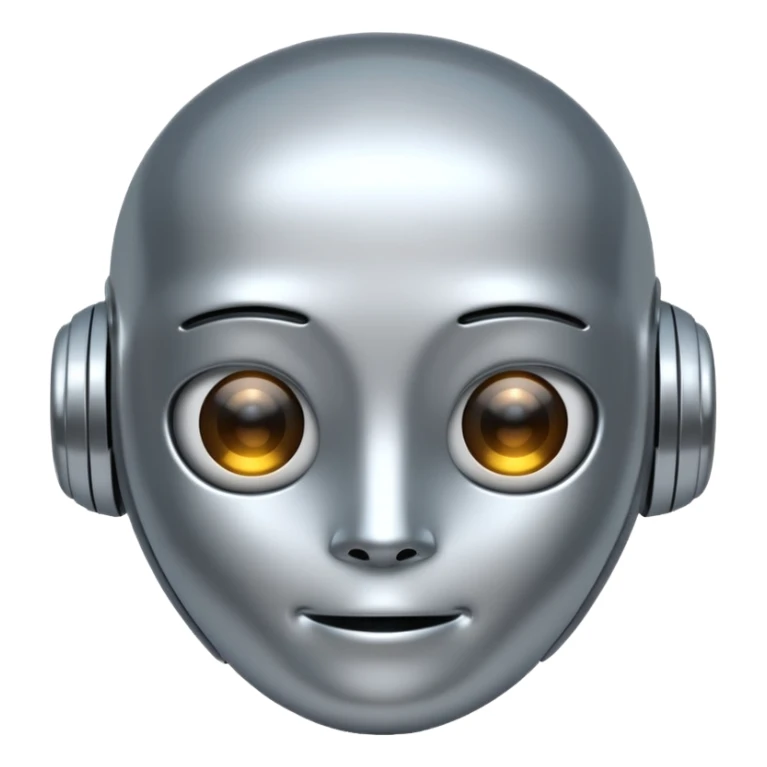 A cute futuristic robot emoji made of silver chrome, rounded friendly body, minimal facial features, glossy metallic surface, soft reflections, iOS emoji style, centered, clean white background sticker