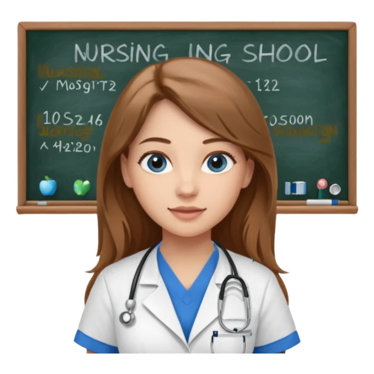 university classroom that says nursing school on the blackboard with a pretty female nursing student with long brown hair, blue eyes sticker