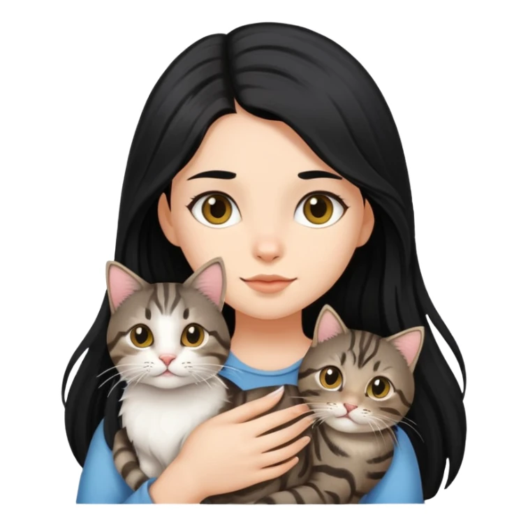 Long black hair girl holding a haired tabby cat sticker